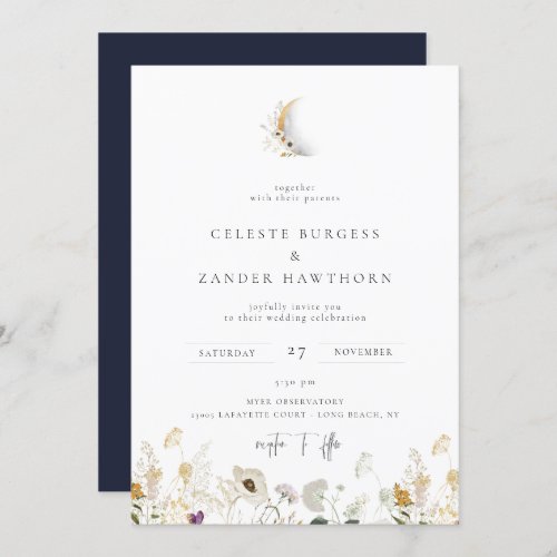 Gilded Crescent Moon Wildflower Wedding Invitation