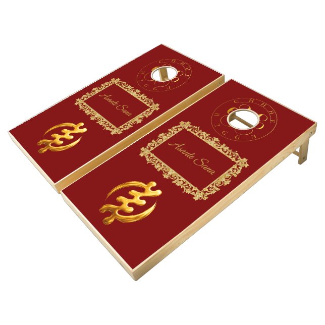 Gilded Crimson: Royal Maroon "Asante Sana" Custom  Cornhole Set (Angled)