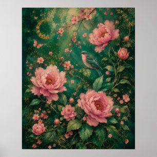 GILDED EMERALD GARDEN HUMMINGBIRD ROSES II POSTER