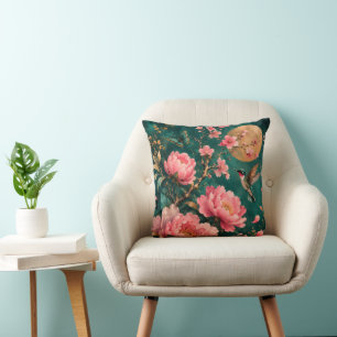 GILDED EMERALD GARDEN HUMMINGBIRD ROSES THROW PILLOW