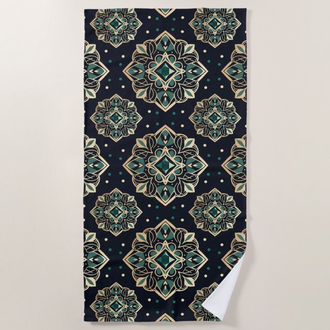 Gilded Emerald Mandala Beach Towel (Front)