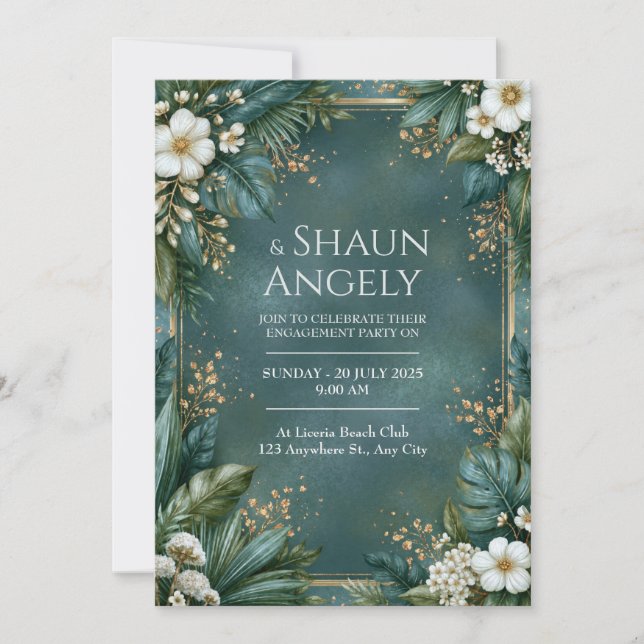 Gilded Emerald Moody Tropical Floral Wedding Invitation (Front)