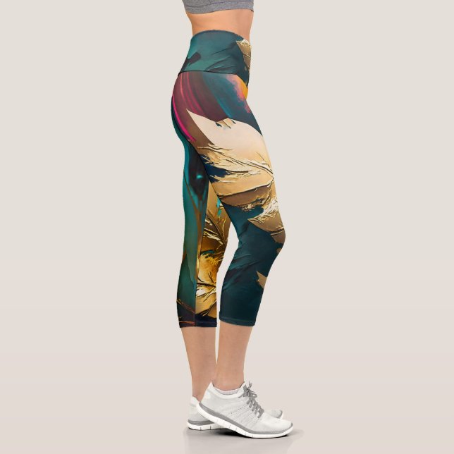 Gilded Feather – Luxe Abstract Elegance Capri Leggings (Right)