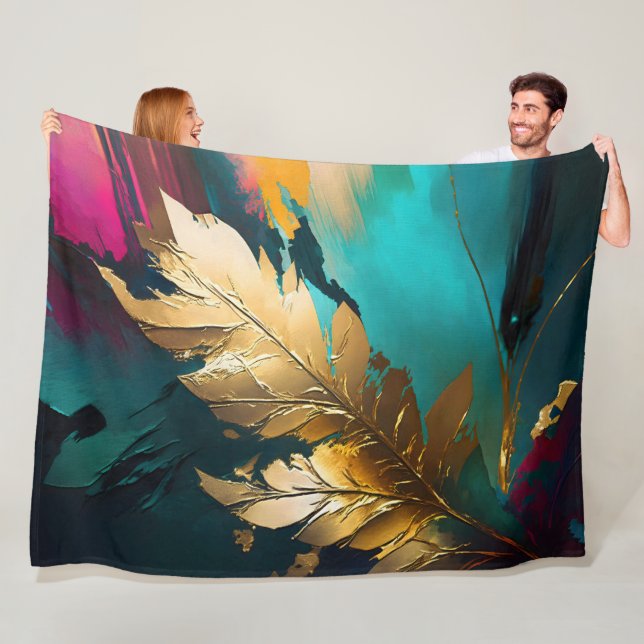 Gilded Feather – Luxe Abstract Elegance Fleece Blanket (In Situ)