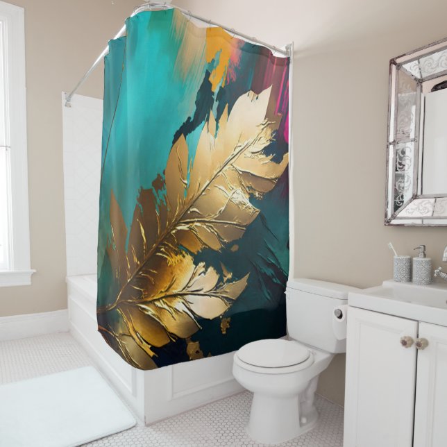Gilded Feather – Luxe Abstract Elegance Shower Curtain (In Situ)