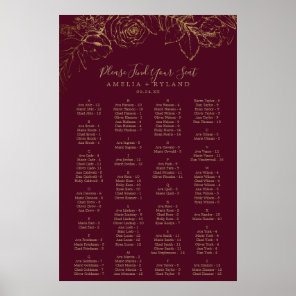Gilded Floral Burgundy Alphabetical Seating Chart