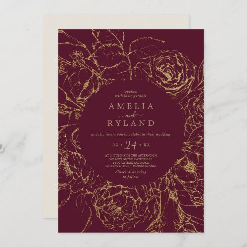 Gilded Floral  Burgundy and Gold Casual Wedding Invitation