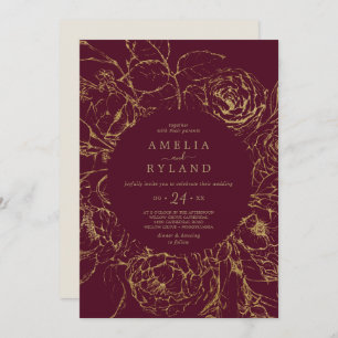 Gilded Floral   Burgundy and Gold Casual Wedding Invitation