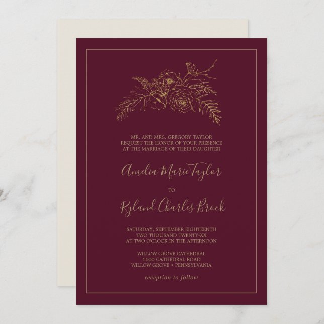Gilded Floral | Burgundy and Gold Formal Wedding Invitation (Front/Back)