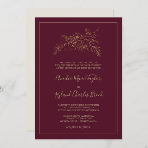 Gilded Floral  Burgundy and Gold Formal Wedding Invitation