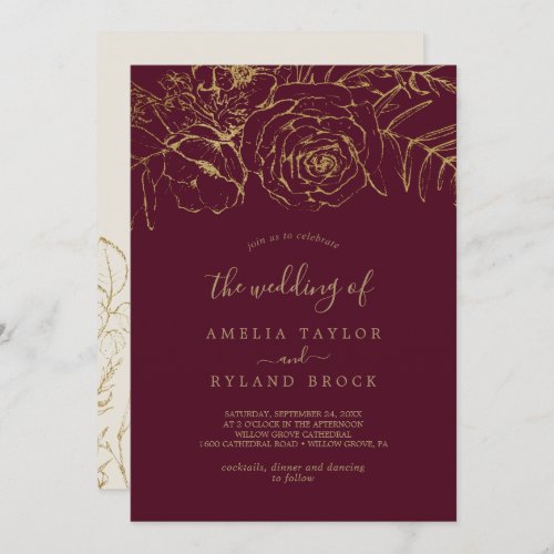 Gilded Floral  Burgundy and Gold The Wedding Of Invitation