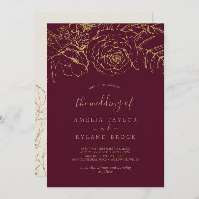 Gilded Floral | Burgundy and Gold The Wedding Of Invitation (Front/Back)