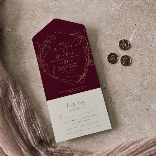 Gilded Floral  Burgundy and Gold Wedding All In One Invitation