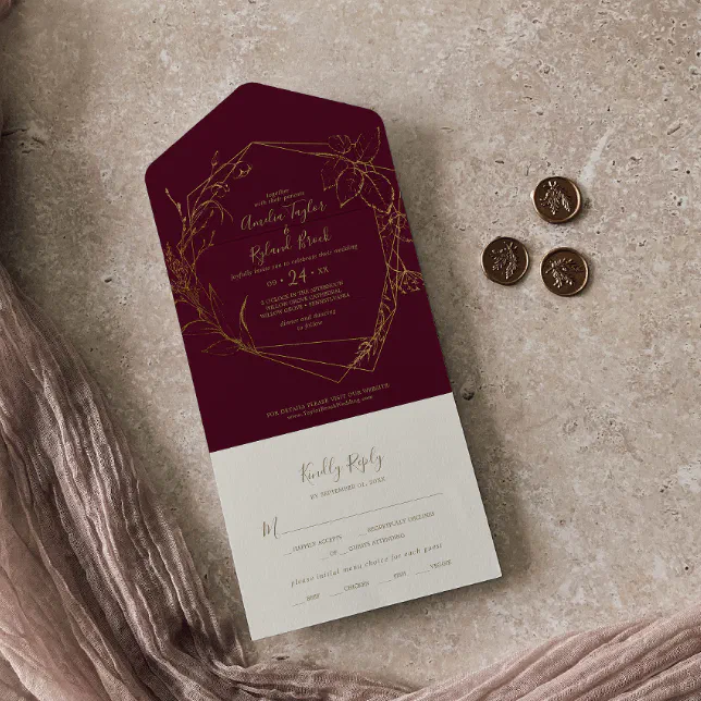 Gilded Floral | Burgundy and Gold Wedding All In One Invitation | Zazzle