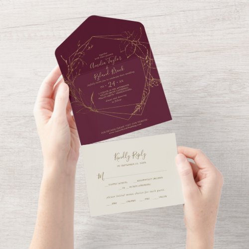 Gilded Floral  Burgundy and Gold Wedding All In One Invitation
