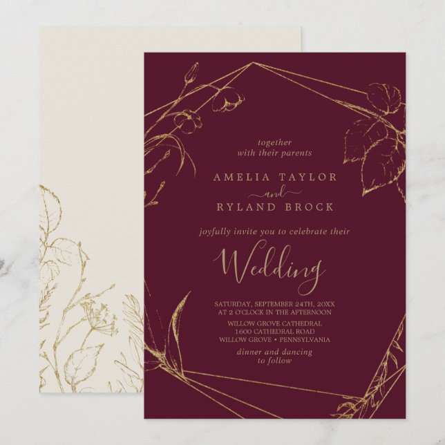 Gilded Floral | Burgundy and Gold Wedding Invitation (Front/Back)
