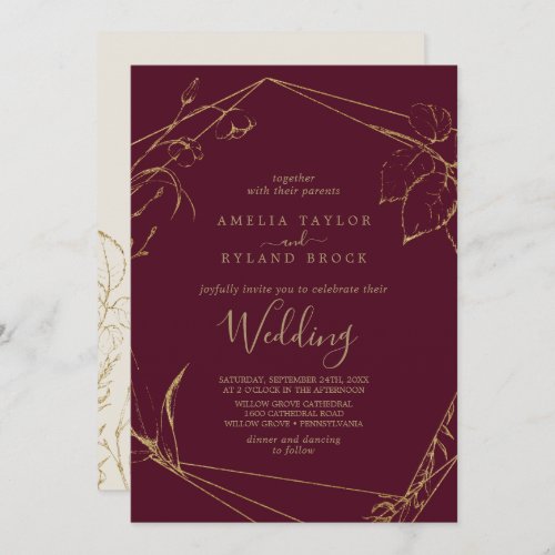 Gilded Floral  Burgundy and Gold Wedding Invitation