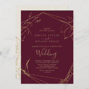 Gilded Floral Burgundy and Gold Wedding Invitation