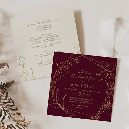 Gilded Floral  Burgundy  Gold All In One Wedding Invitation