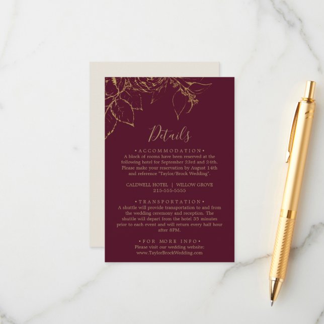 Gilded Floral Burgundy Gold Details Enclosure Card (Front/Back In Situ)