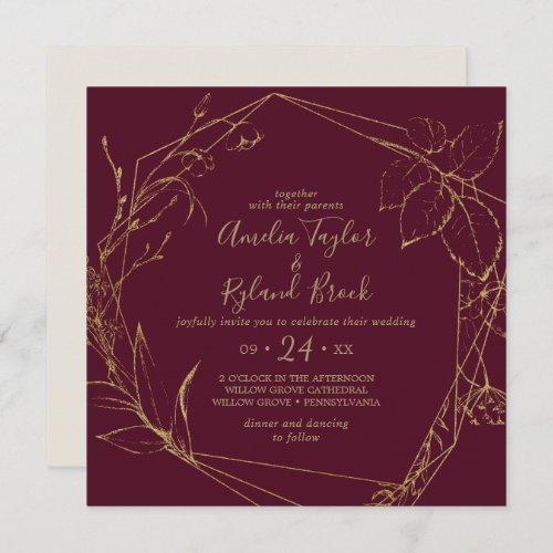 Gilded Floral  Burgundy  Gold Geometric Wedding Invitation