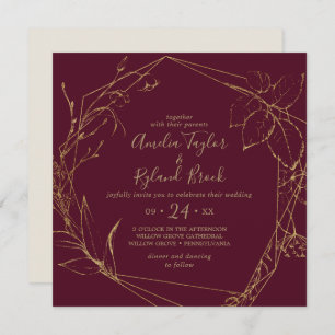 Gilded Floral Burgundy & Gold Geometric Wedding Invitation