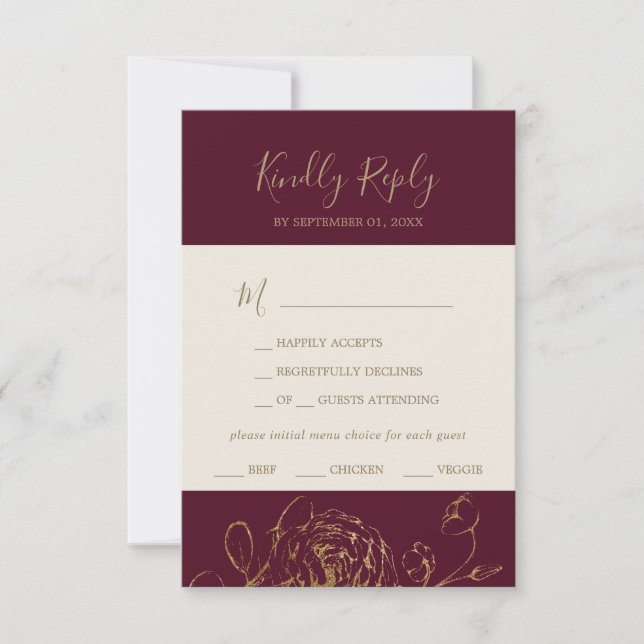 Gilded Floral | Burgundy & Gold Menu Choice RSVP (Front)