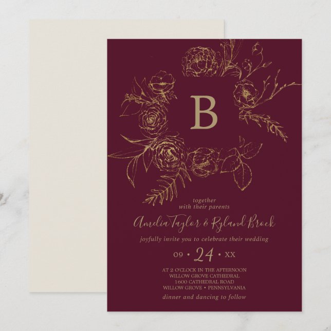 Gilded Floral | Burgundy & Gold Monogram Wedding Invitation (Front/Back)