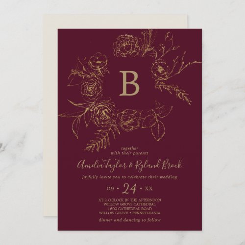 Gilded Floral  Burgundy  Gold Monogram Wedding Invitation