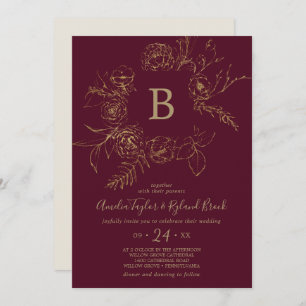 Gilded Floral   Burgundy & Gold Monogram Wedding Invitation