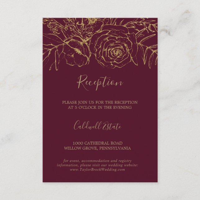 Gilded Floral Burgundy Gold Reception Insert Card (Front)