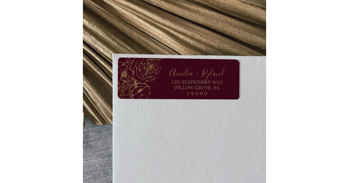 Gilded Floral | Burgundy Gold Return Address Label | Zazzle