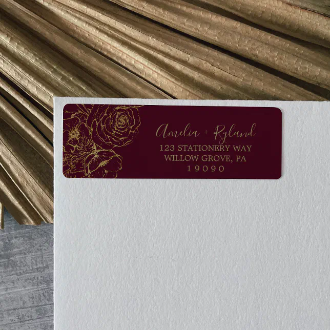 Gilded Floral | Burgundy Gold Return Address Label | Zazzle