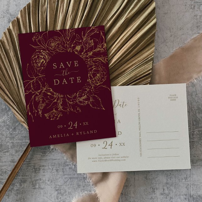 Gilded Floral Burgundy Gold Save the Date Postcard