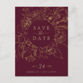 Gilded Floral Burgundy Gold Save the Date Postcard (Front)