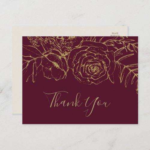 Gilded Floral Burgundy  Gold Thank You Postcard