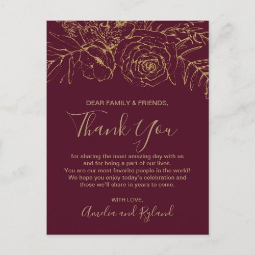 Gilded Floral Burgundy  Gold Thank You Table Card