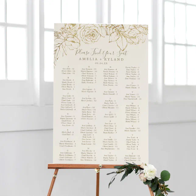 Gilded Floral | Cream Alphabetical Seating Chart Foam Board | Zazzle