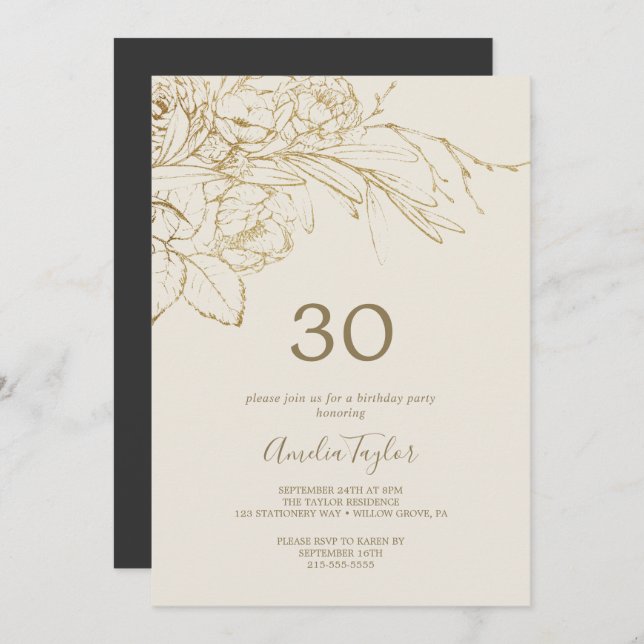 Gilded Floral | Cream and Gold 30th Birthday Invitation (Front/Back)