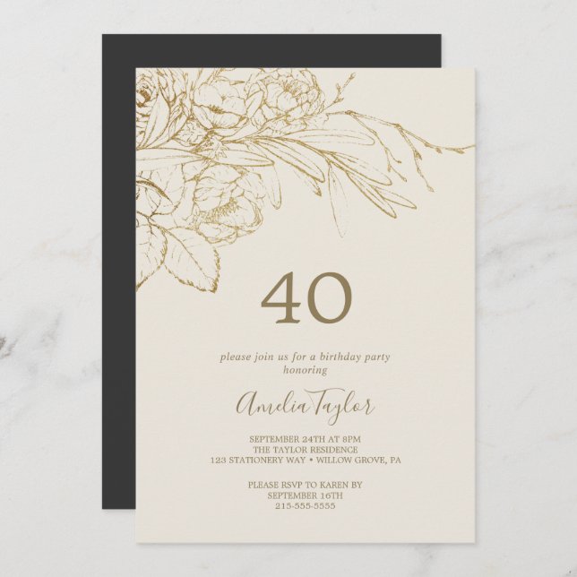 Gilded Floral | Cream and Gold 40th Birthday Invitation (Front/Back)