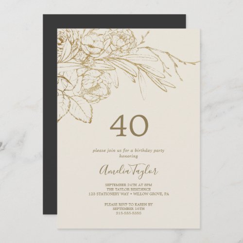 Gilded Floral  Cream and Gold 40th Birthday Invitation