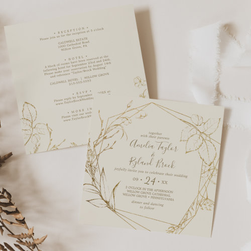 Gilded Floral  Cream and Gold All In One Wedding  Invitation