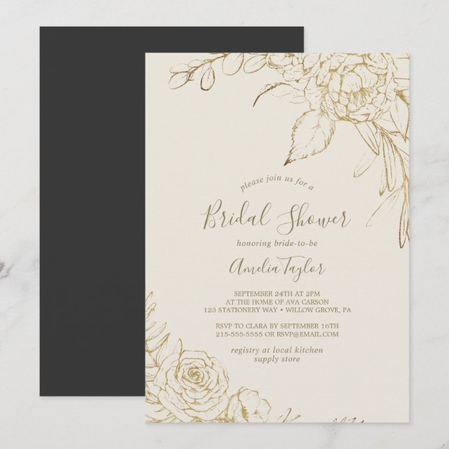 Gilded Floral | Cream and Gold Bridal Shower Invitation (Front/Back)