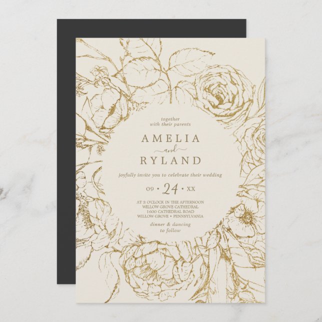 Gilded Floral | Cream and Gold Casual Wedding Invitation (Front/Back)