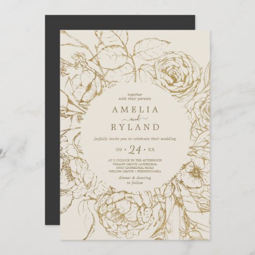 Gilded Floral  Cream and Gold Casual Wedding Invitation