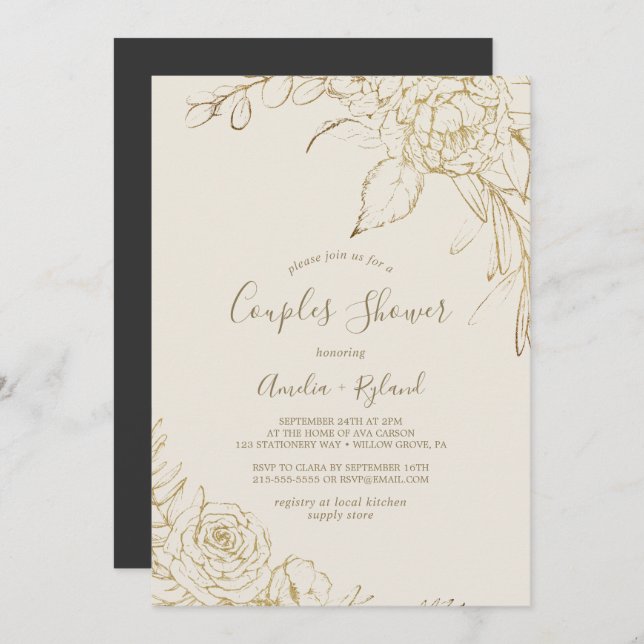 Gilded Floral | Cream and Gold Couples Shower Invitation (Front/Back)