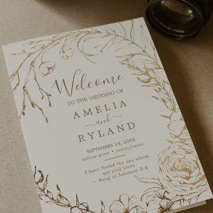 Gilded Floral   Cream and Gold Folded Wedding Program
