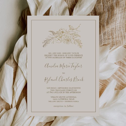 Gilded Floral  Cream and Gold Formal Wedding Invitation