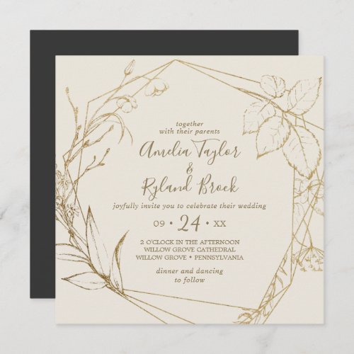 Gilded Floral  Cream and Gold Geometric Wedding Invitation