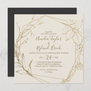 Gilded Floral Cream and Gold Geometric Wedding Invitation